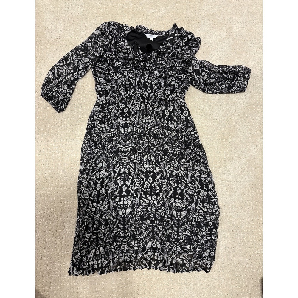 Croft & Barrow Petite PM Black/White Floral Chiffon A-Line V-Neck Ruffle Dress